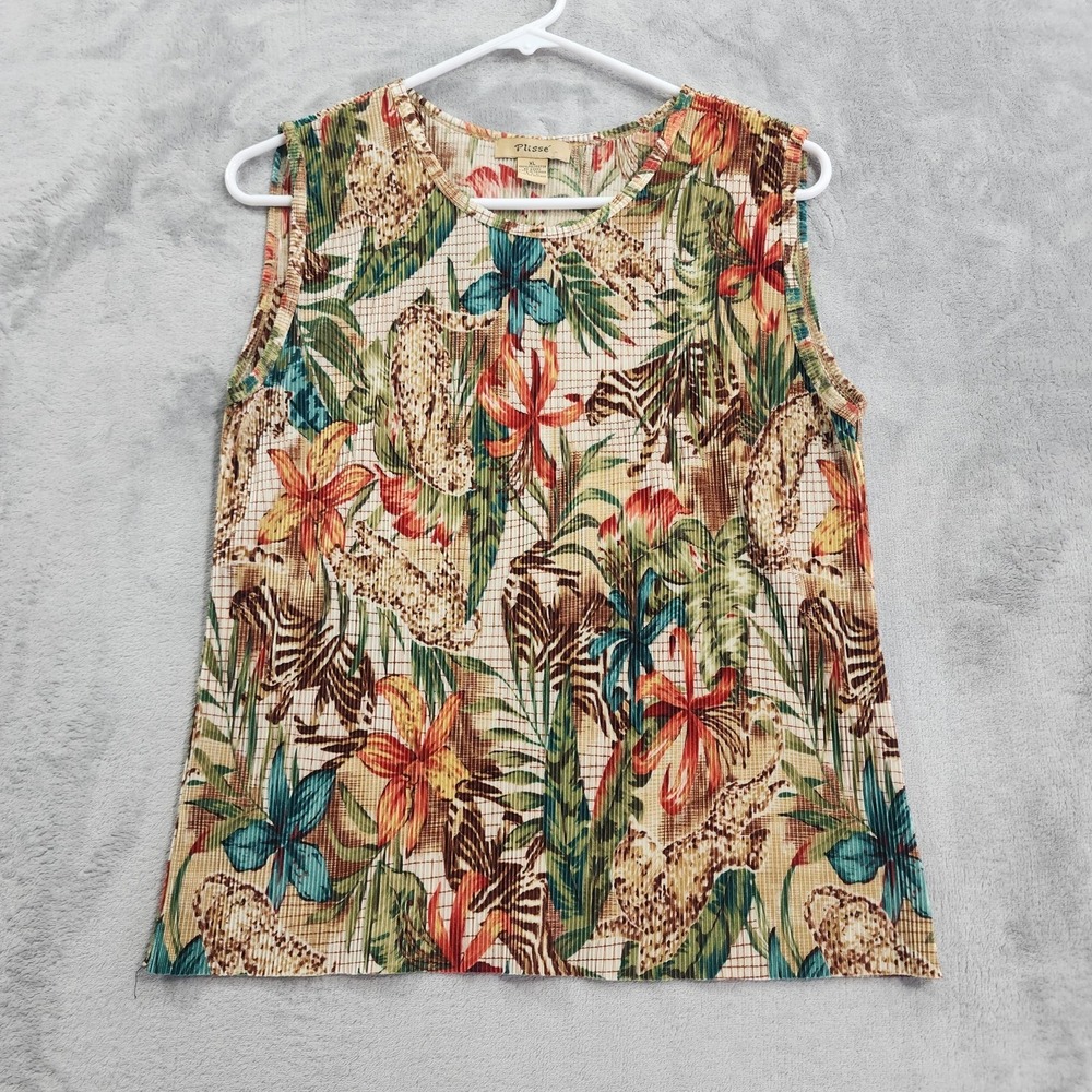 Vintage Plissé Top Womens XL Multicolor Floral Tropical Tiger Cheetah Stretch